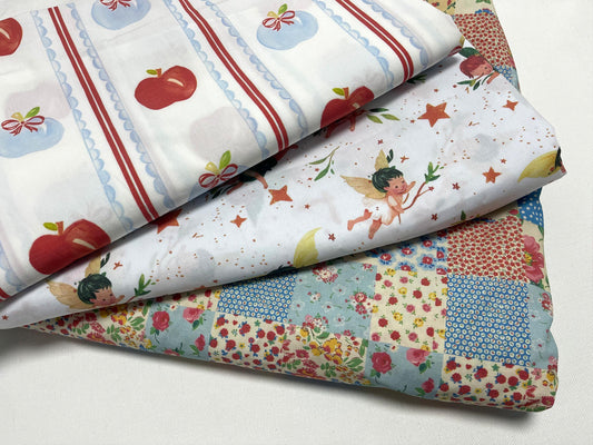 Baskılı Poplin Kumaş - Elma Çizgili, Yıldız Peri ve Çiçekli Patchwork | Dikiş için Yumuşak Pamuklu Poplin - El Sanatları, 148 cm genişliğinde