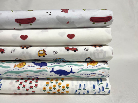 Renkli Desen Kumaş - Araba, Kalp, Balık, Kaykay, Çiçek Desenleri - Müslin, Poplin, Keten, Saten, Denim, Gabardin, Su Geçirmez Kumaş