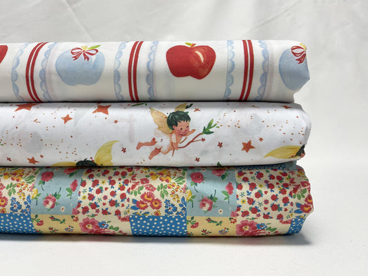 Baskılı Poplin Kumaş - Elma Çizgili, Yıldız Peri ve Çiçekli Patchwork | Dikiş için Yumuşak Pamuklu Poplin - El Sanatları, 148 cm genişliğinde