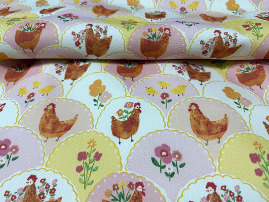 Horoz Deseni  ve Civciv Kumaş – Pembe-Sarı Çiçek | Muslin, Poplin, Keten, Saten, Kot, Gabardin ve Su Geçirmez Seçenekler