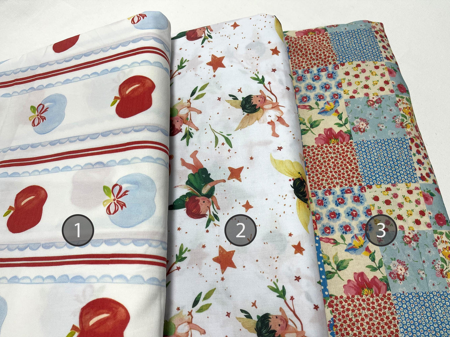Baskılı Poplin Kumaş - Elma Çizgili, Yıldız Peri ve Çiçekli Patchwork | Dikiş için Yumuşak Pamuklu Poplin - El Sanatları, 148 cm genişliğinde