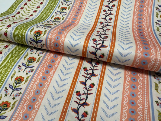 Boho Çiçekli Çizgili Kumaş - Müslin, Poplin, Keten, Saten, Denim, Gabardin ve Su Geçirmez Paraşüt Kumaş Üzerine Etnik Desen Baskılı