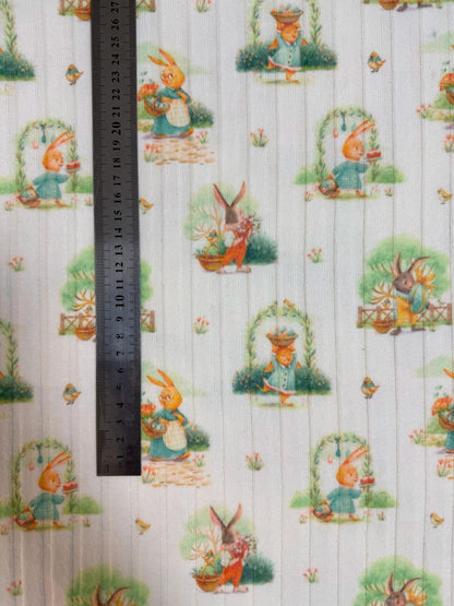 Tavşan ve Bitki Desenli Kumaş - Pamuk-Polyester Karışımı - El Sanatları, Terzilik ve Ev Dekorasyonu için Transfer Baskı Kumaş, 148 cm genişliğinde