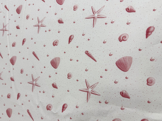 Pembe Deniz Kabuğu ve Deniz Yıldızı Desenli Kumaş – Özel Baskılı – Muslin, Poplin, Keten, Saten, Kot, Gabardin ve Su Geçirmez Seçenekler