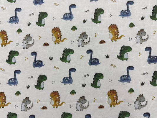 Renkli Dinozor Desenli Kumaş – Özel Baskılı – Muslin, Poplin, Keten, Saten, Kot, Gabardin, Su Geçirmez Kumaş – Patchwork, Yorgan
