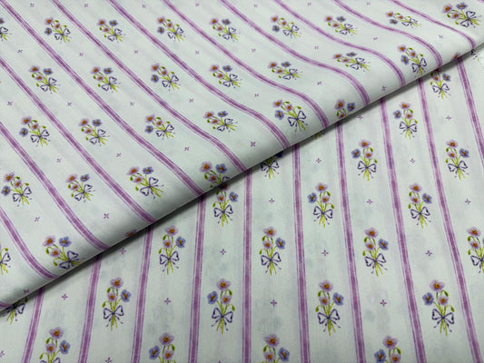 Mor Çizgili ve Çiçek Desenli Kumaş – Dikiş ve Kendin Yap Projeleri için Muslin, Poplin, Keten, Saten ve Kot Üzerine Özel Baskı