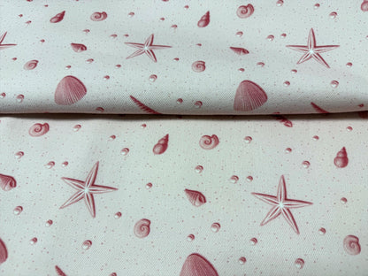 Pembe Deniz Kabuğu ve Deniz Yıldızı Desenli Kumaş – Özel Baskılı – Muslin, Poplin, Keten, Saten, Kot, Gabardin ve Su Geçirmez Seçenekler