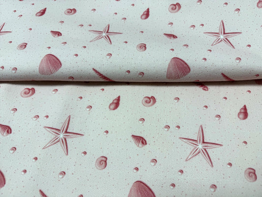 Pembe Deniz Kabuğu ve Deniz Yıldızı Desenli Kumaş – Özel Baskılı – Muslin, Poplin, Keten, Saten, Kot, Gabardin ve Su Geçirmez Seçenekler