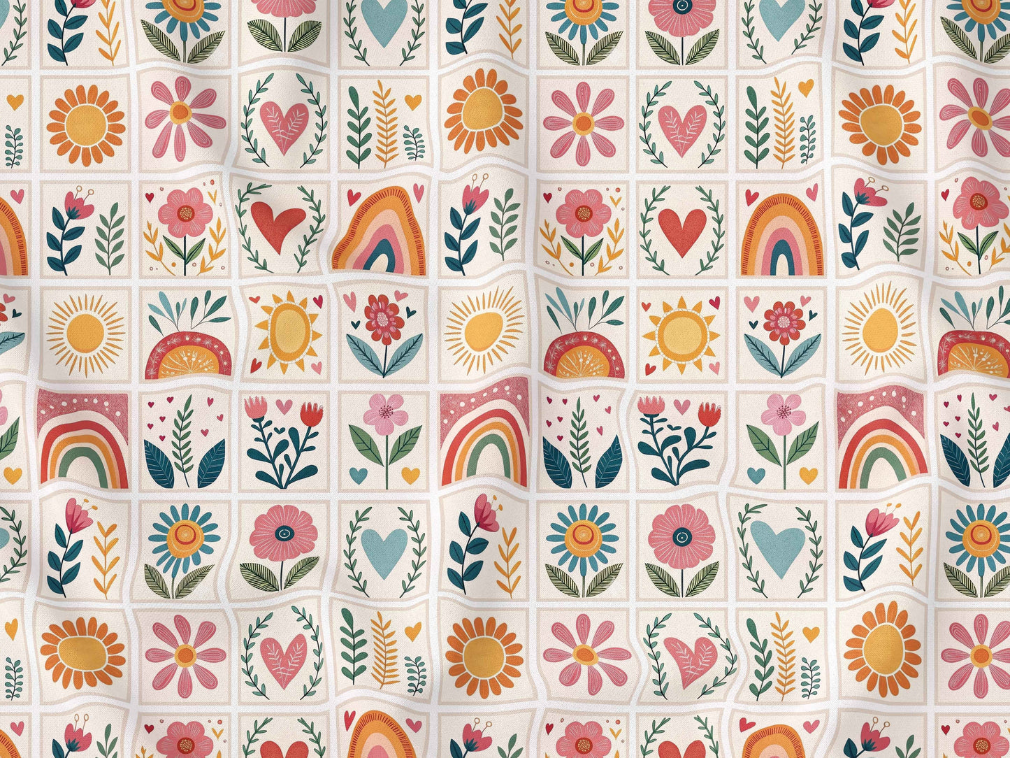 Gökkuşağı ve Çiçek Patchwork Desenli Kumaş