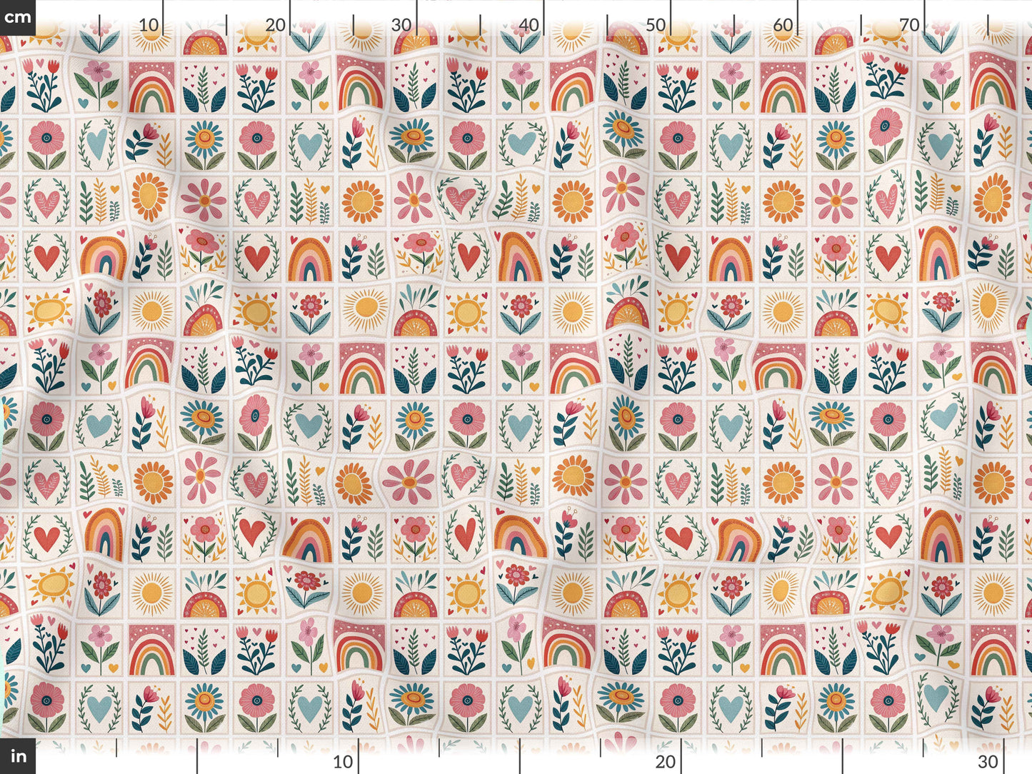 Gökkuşağı ve Çiçek Patchwork Desenli Kumaş