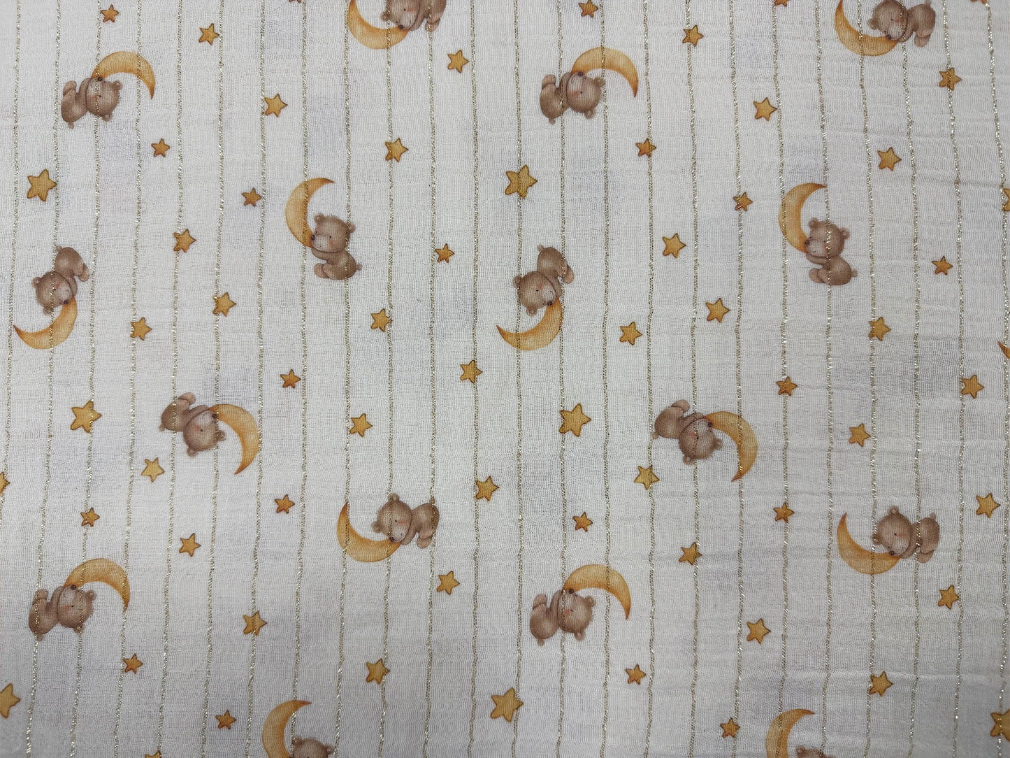 Parıltılı Detaylara Sahip Çift Katlı Tül Muslin Kumaş – Ayı, Hilal, Puantiye ve Yıldız Desenleri – Dikiş, El Sanatları için Kumaş, 148 cm genişliğinde