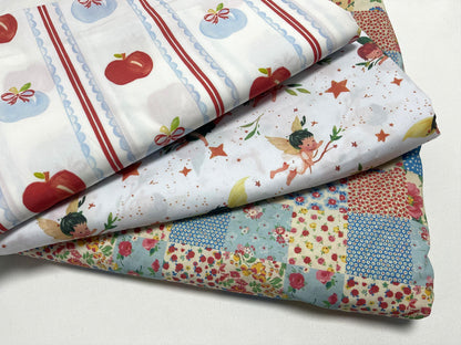 Baskılı Poplin Kumaş - Elma Çizgili, Yıldız Peri ve Çiçekli Patchwork | Dikiş için Yumuşak Pamuklu Poplin - El Sanatları, 148 cm genişliğinde