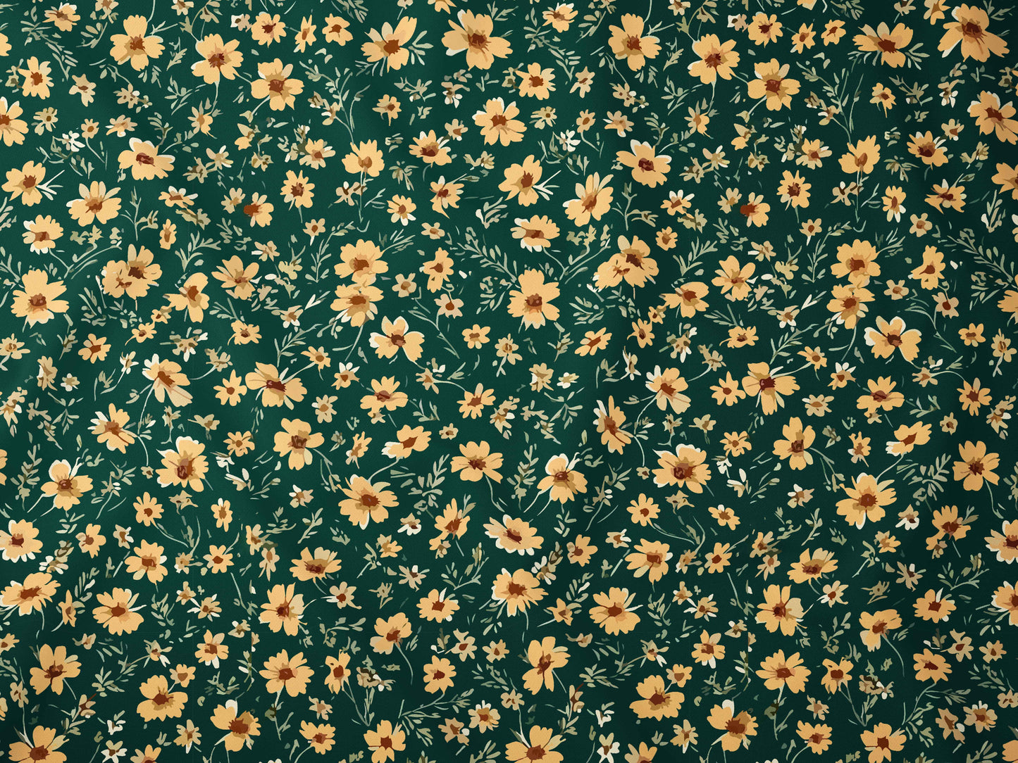 Yeşil Zemin Üzerine Sarı Çiçek Desenli Kumaş