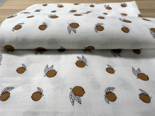 Ayva Desenli Keten Kumaş | Pigment Baskılı, Doğal Doku | Dikiş ve Dekor için Mükemmel | 148 cm eninde