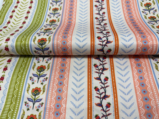 Boho Çiçekli Çizgili Kumaş - Müslin, Poplin, Keten, Saten, Denim, Gabardin ve Su Geçirmez Paraşüt Kumaş Üzerine Etnik Desen Baskılı