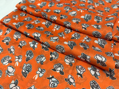 Turuncu Gül Desenli Kumaş – Muslin, Poplin, Keten, Saten, Kot, Gabardin ve Su Geçirmez Paraşüt Üzerine Özel Baskı – Dikiş, El Sanatları için