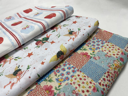 Baskılı Poplin Kumaş - Elma Çizgili, Yıldız Peri ve Çiçekli Patchwork | Dikiş için Yumuşak Pamuklu Poplin - El Sanatları, 148 cm genişliğinde