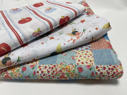 Baskılı Poplin Kumaş - Elma Çizgili, Yıldız Peri ve Çiçekli Patchwork | Dikiş için Yumuşak Pamuklu Poplin - El Sanatları, 148 cm genişliğinde
