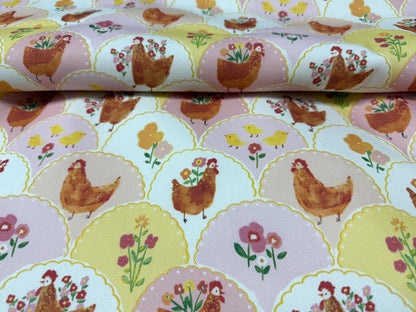 Horoz Deseni  ve Civciv Kumaş – Pembe-Sarı Çiçek | Muslin, Poplin, Keten, Saten, Kot, Gabardin ve Su Geçirmez Seçenekler