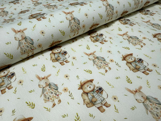 Ayı ve Tavşan Baskılı Kumaş - Sevimli Hayvanlar ve Bitkiler - Muslin, Poplin, Keten, Saten, Denim, Gabardin, Su Geçirmez Üzerine Özel Baskılı