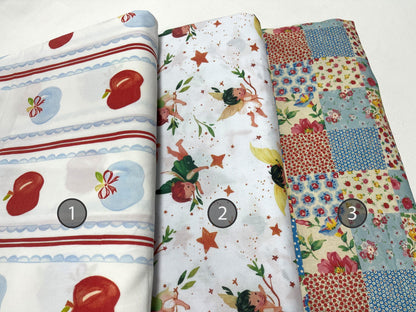 Baskılı Poplin Kumaş - Elma Çizgili, Yıldız Peri ve Çiçekli Patchwork | Dikiş için Yumuşak Pamuklu Poplin - El Sanatları, 148 cm genişliğinde