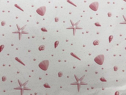 Pembe Deniz Kabuğu ve Deniz Yıldızı Desenli Kumaş – Özel Baskılı – Muslin, Poplin, Keten, Saten, Kot, Gabardin ve Su Geçirmez Seçenekler