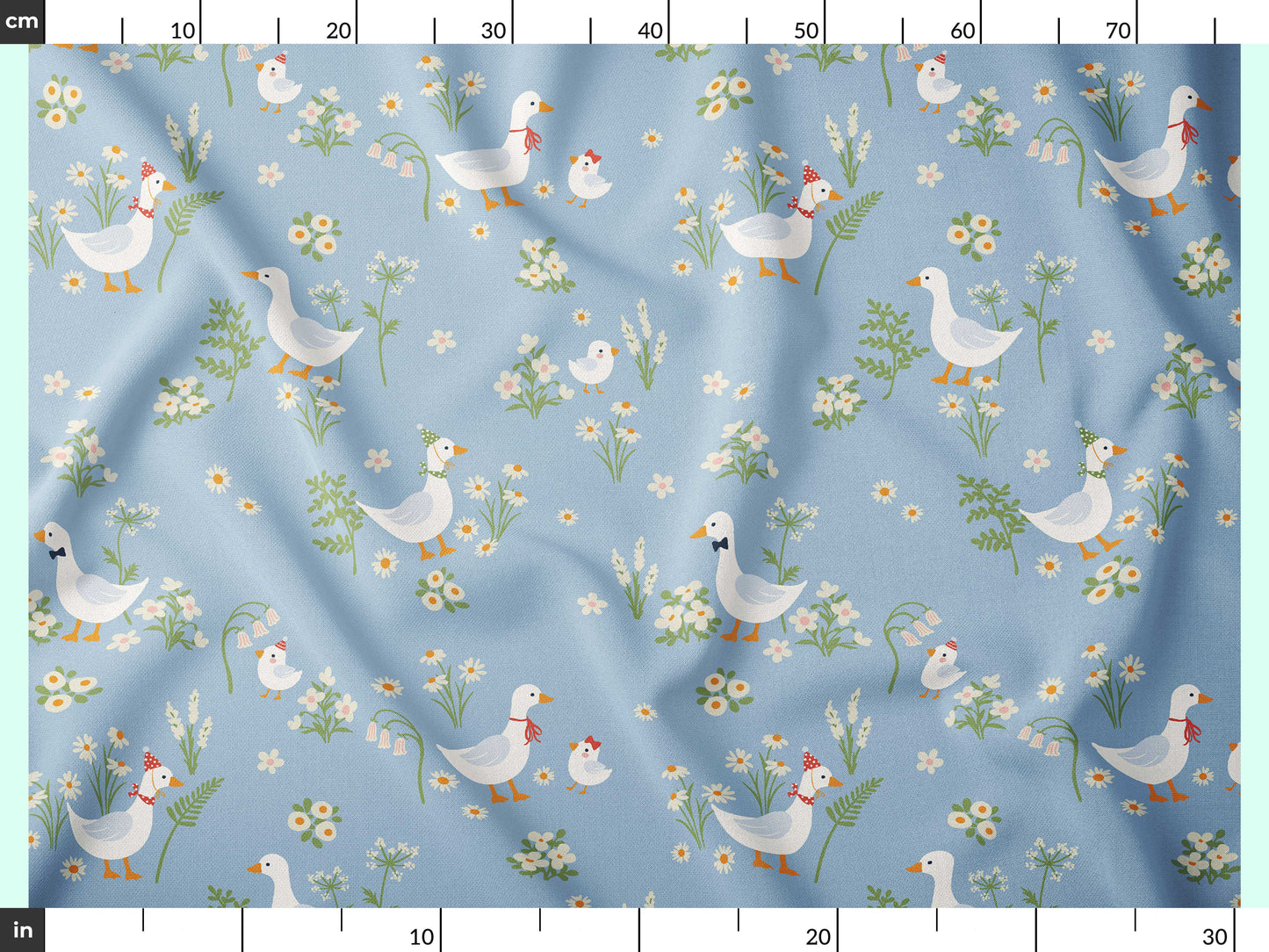 Mavi Çiçekli Ördek Desenli Kumaş – Muslin, Poplin, Keten, Saten, Kot, Gabardin, Su Geçirmez Kumaş Üzerine Özel Baskı – Dikiş ve El Sanatları