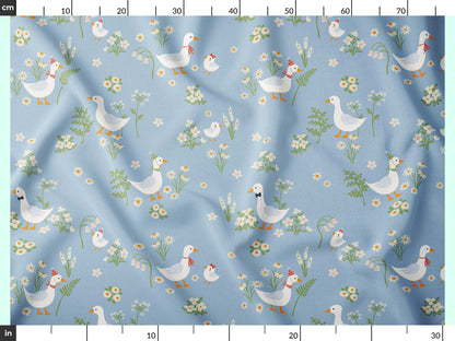 Mavi Çiçekli Ördek Desenli Kumaş – Muslin, Poplin, Keten, Saten, Kot, Gabardin, Su Geçirmez Kumaş Üzerine Özel Baskı – Dikiş ve El Sanatları